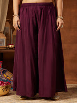 Women's Plus Size Wine Chanderi Silk Embellished Gold Printed Straight Kurta With Sharara & Dupatta Set