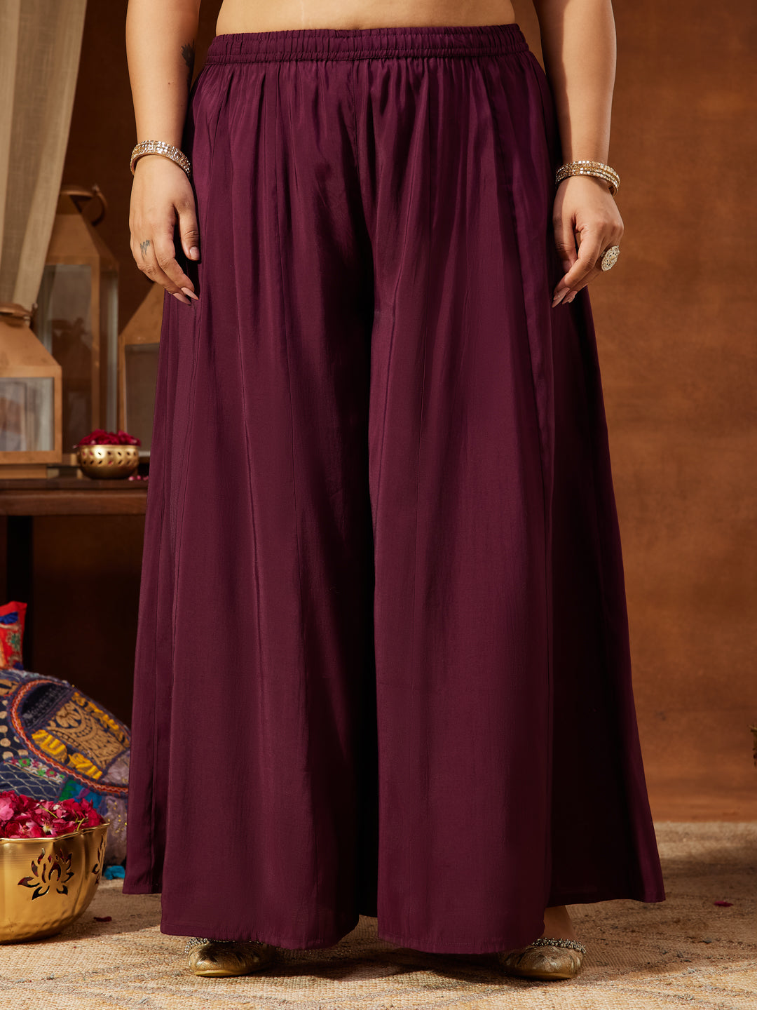 Women's Plus Size Wine Chanderi Silk Embellished Gold Printed Straight Kurta With Sharara & Dupatta Set