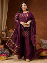 Women's Plus Size Wine Chanderi Silk Embellished Gold Printed Straight Kurta With Sharara & Dupatta Set
