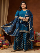 Women's Teal Blue Chanderi Silk Embellished Straight Kurta With Palazzo & Dupatta Set