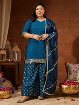 Women's Teal Blue Chanderi Silk Embellished Straight Kurta With Palazzo & Dupatta Set