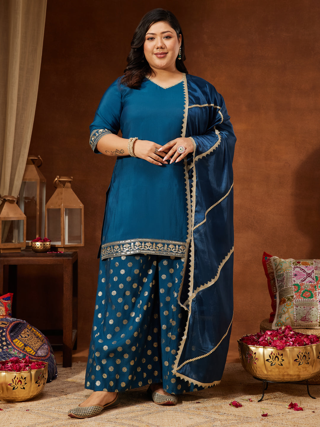 Women's Teal Blue Chanderi Silk Embellished Straight Kurta With Palazzo & Dupatta Set