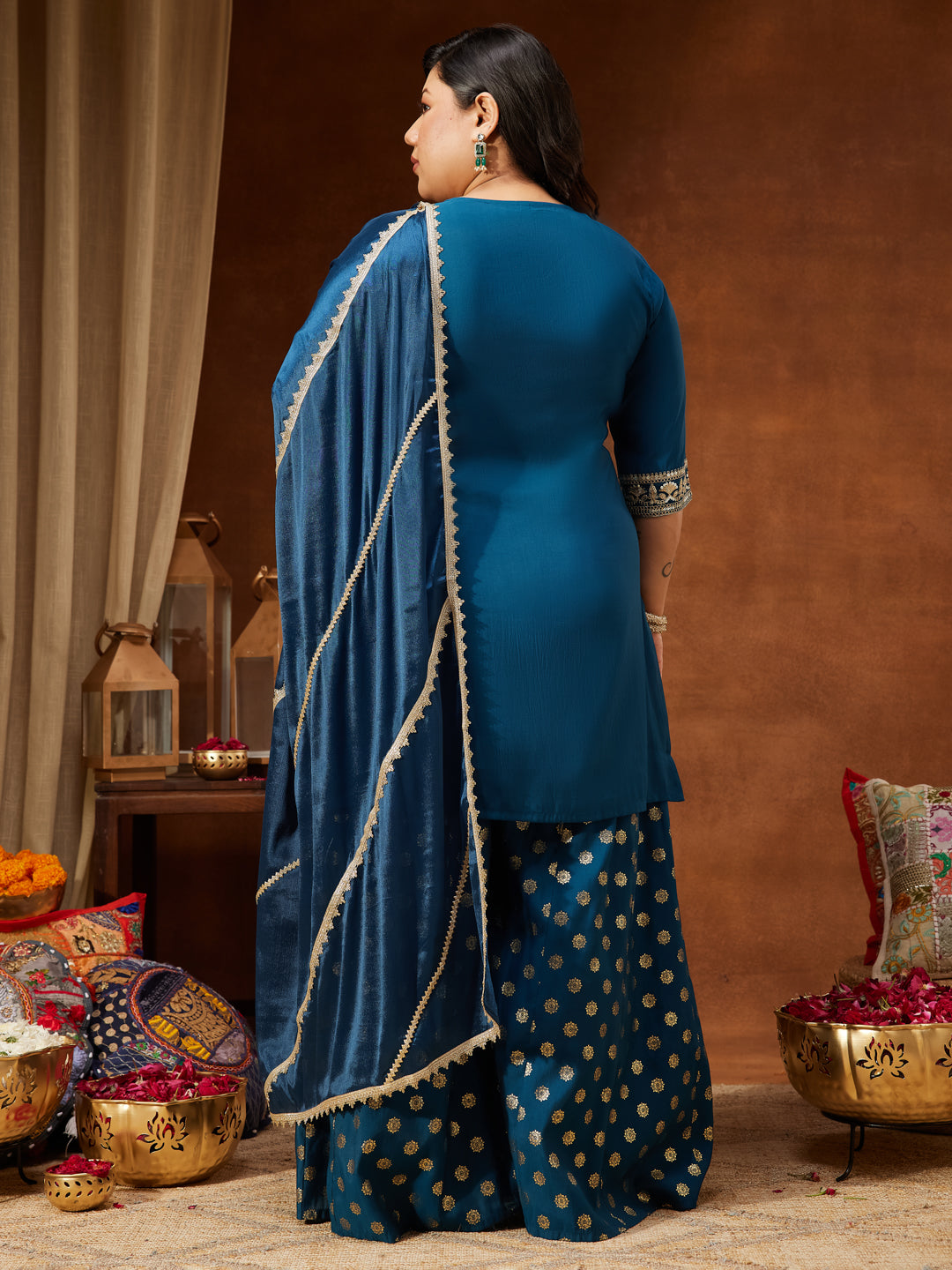 Women's Teal Blue Chanderi Silk Embellished Straight Kurta With Palazzo & Dupatta Set