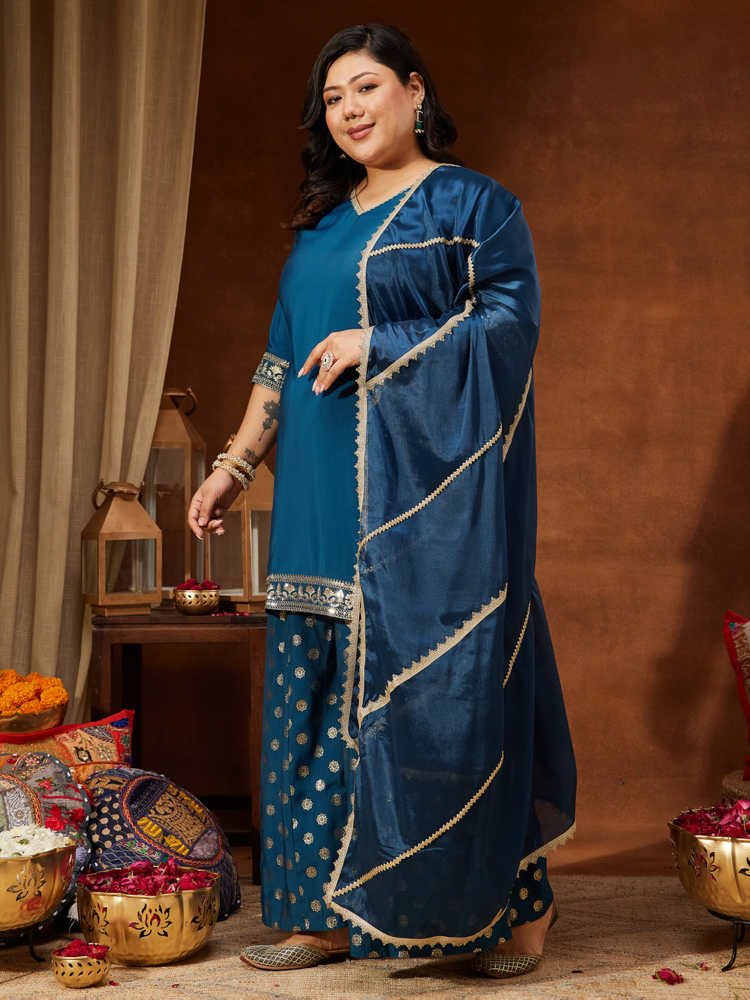 Women's Teal Blue Chanderi Silk Embellished Straight Kurta With Palazzo & Dupatta Set