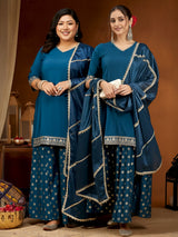 Women's Teal Blue Chanderi Silk Embellished Straight Kurta With Palazzo & Dupatta Set