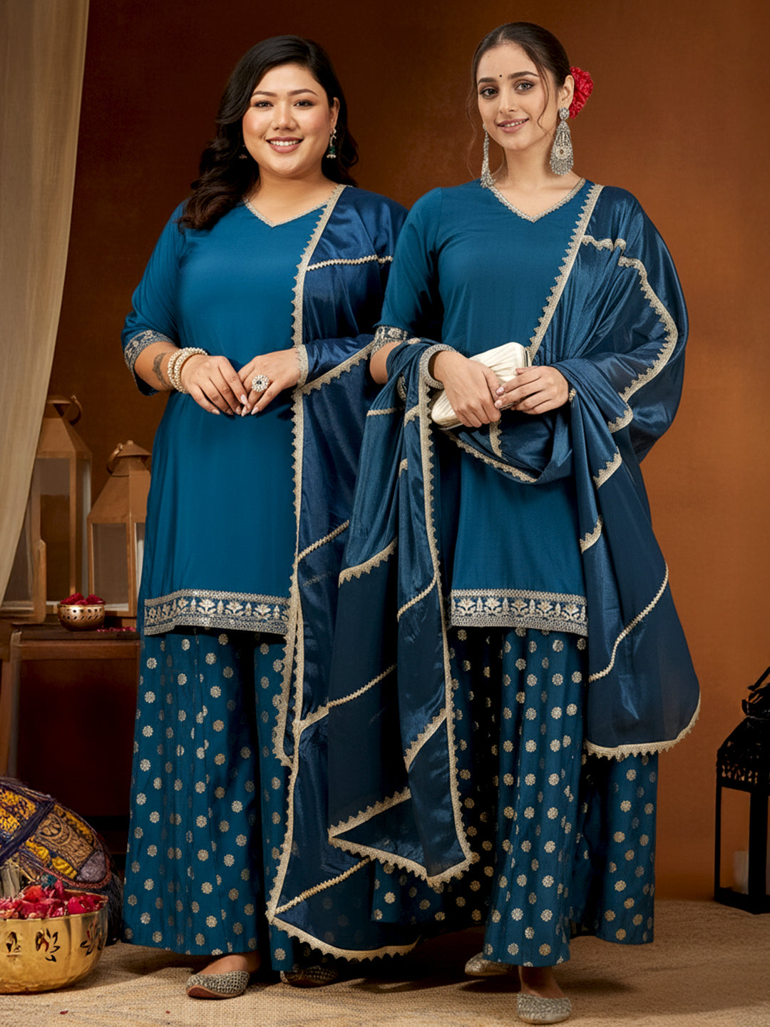 Women's Teal Blue Chanderi Silk Embellished Straight Kurta With Palazzo & Dupatta Set