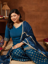 Women's Teal Blue Chanderi Silk Embellished Straight Kurta With Palazzo & Dupatta Set