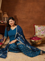 Women's Teal Blue Chanderi Silk Embellished Straight Kurta With Palazzo & Dupatta Set
