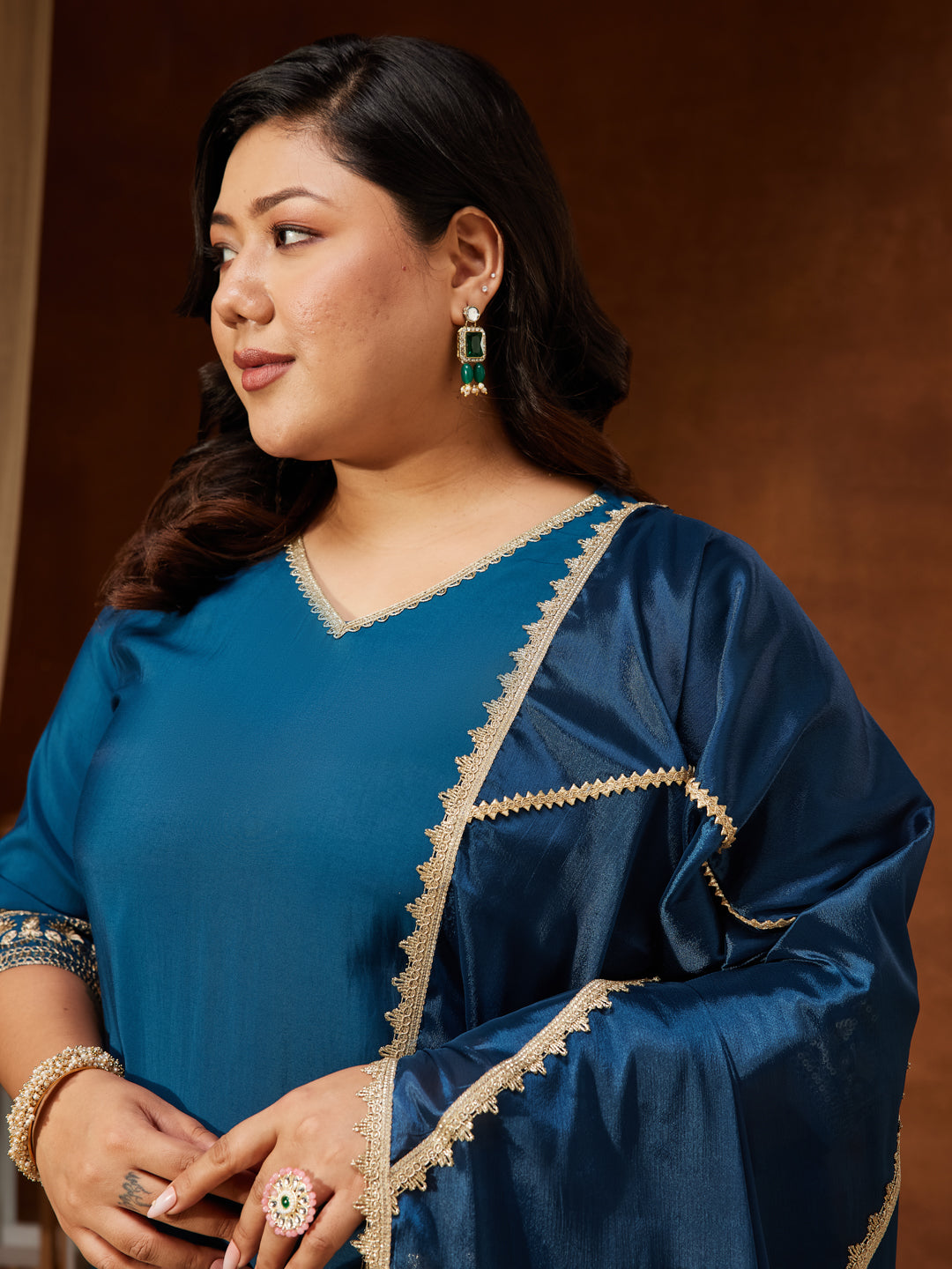 Women's Teal Blue Chanderi Silk Embellished Straight Kurta With Palazzo & Dupatta Set