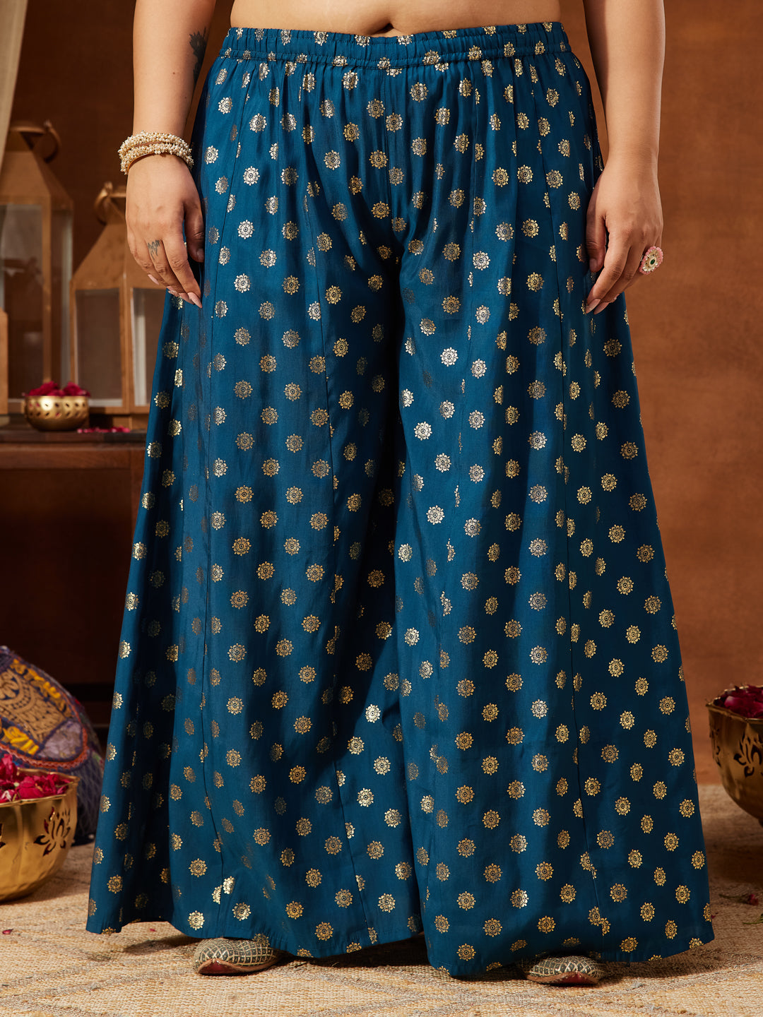 Women's Teal Blue Chanderi Silk Embellished Straight Kurta With Palazzo & Dupatta Set