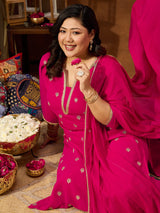 Women's Plus Size Pink Georgette Embellished Sraight Kurta With Palazzo & Dupatta Set