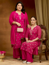 Women's Pink Georgette Embellished Straight Kurta With Palazzo Dupatta Set