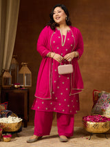 Women's Plus Size Pink Georgette Embellished Sraight Kurta With Palazzo & Dupatta Set