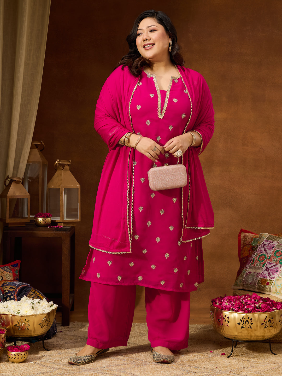 Women's Plus Size Pink Georgette Embellished Sraight Kurta With Palazzo & Dupatta Set