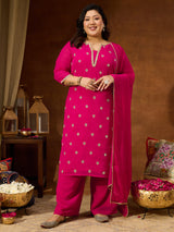 Women's Plus Size Pink Georgette Embellished Sraight Kurta With Palazzo & Dupatta Set