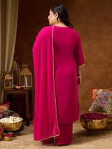 Women's Plus Size Pink Georgette Embellished Sraight Kurta With Palazzo & Dupatta Set
