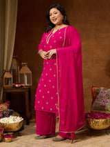 Women's Plus Size Pink Georgette Embellished Sraight Kurta With Palazzo & Dupatta Set