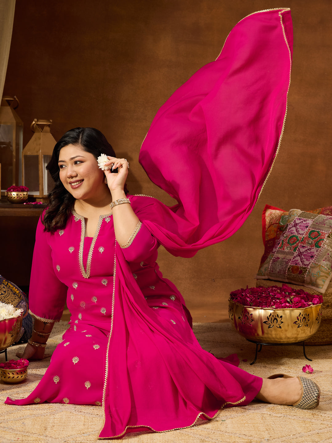 Women's Plus Size Pink Georgette Embellished Sraight Kurta With Palazzo & Dupatta Set