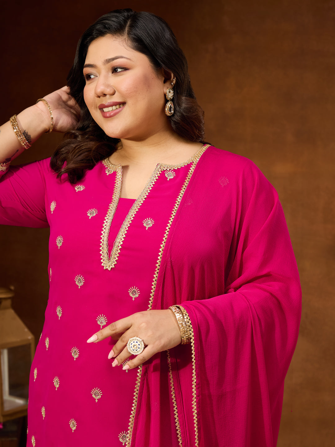 Women's Plus Size Pink Georgette Embellished Sraight Kurta With Palazzo & Dupatta Set