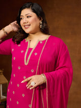 Women's Plus Size Pink Georgette Embellished Sraight Kurta With Palazzo & Dupatta Set