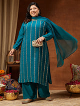 Women's Plus Size Sea Green Georgette Embellished Straight Kurta With Palazzo & Dupatta Set