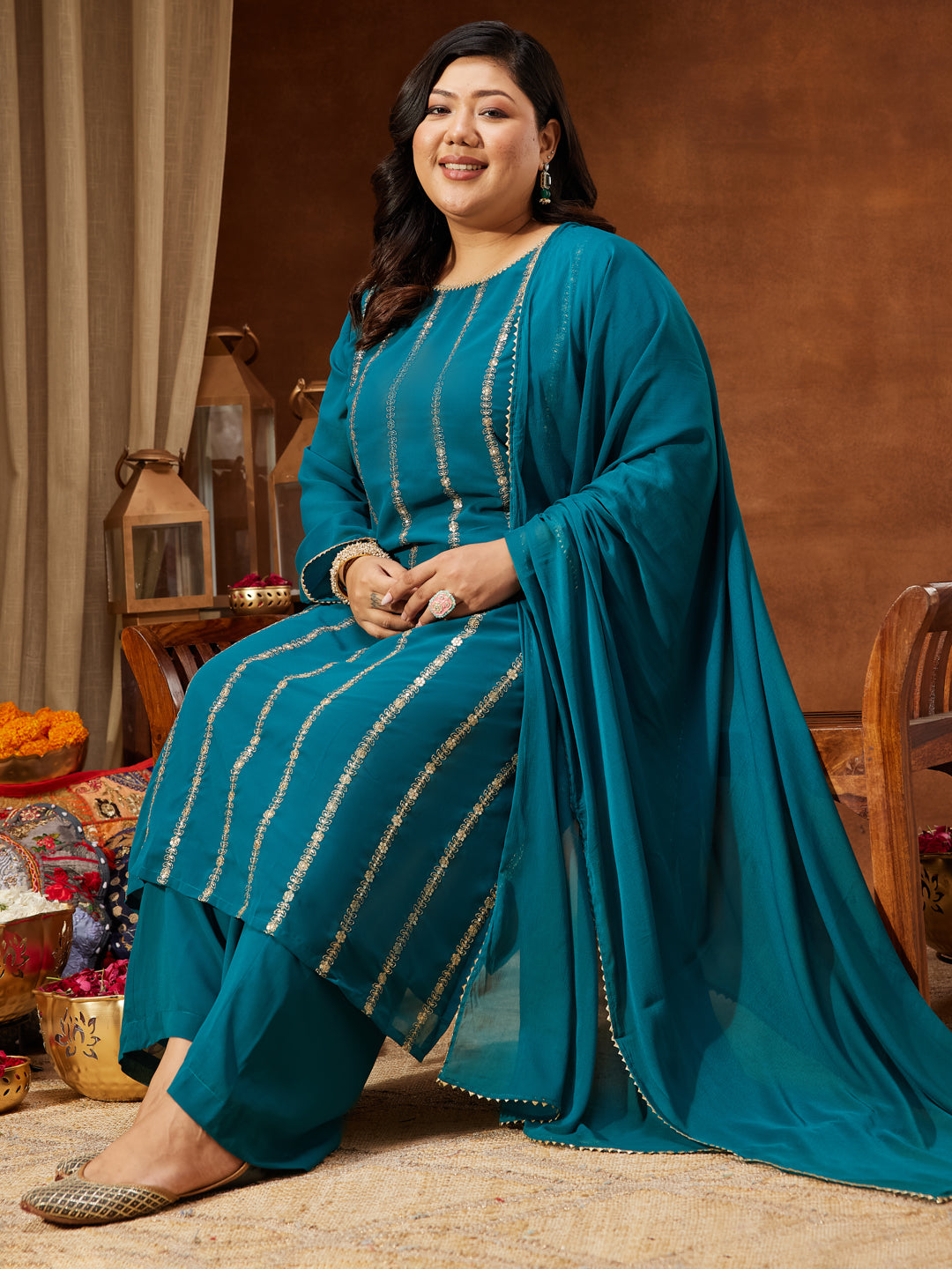 Women's Plus Size Sea Green Georgette Embellished Straight Kurta With Palazzo & Dupatta Set