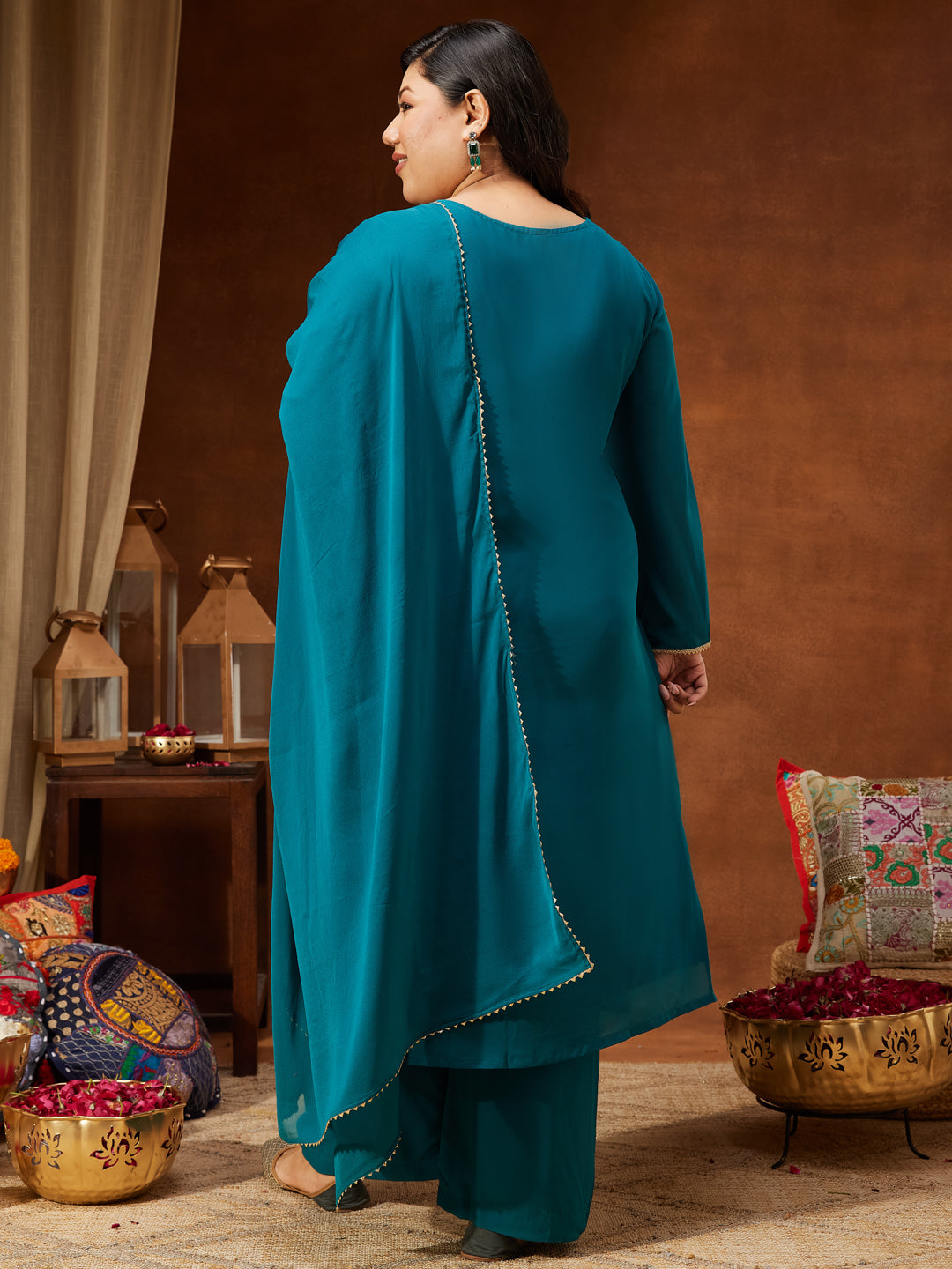 Women's Plus Size Sea Green Georgette Embellished Straight Kurta With Palazzo & Dupatta Set