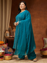 Women's Plus Size Sea Green Georgette Embellished Straight Kurta With Palazzo & Dupatta Set