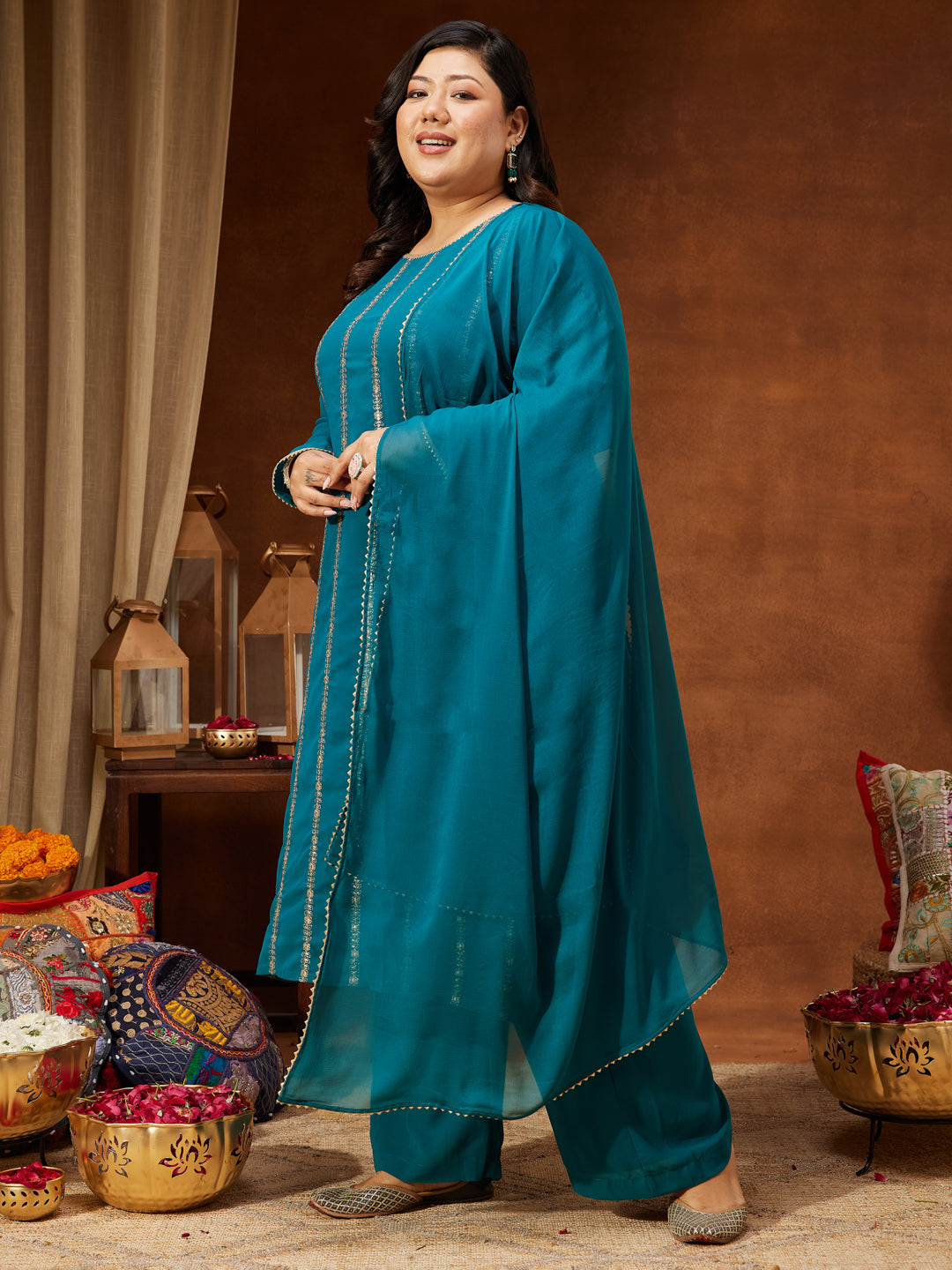 Women's Plus Size Sea Green Georgette Embellished Straight Kurta With Palazzo & Dupatta Set