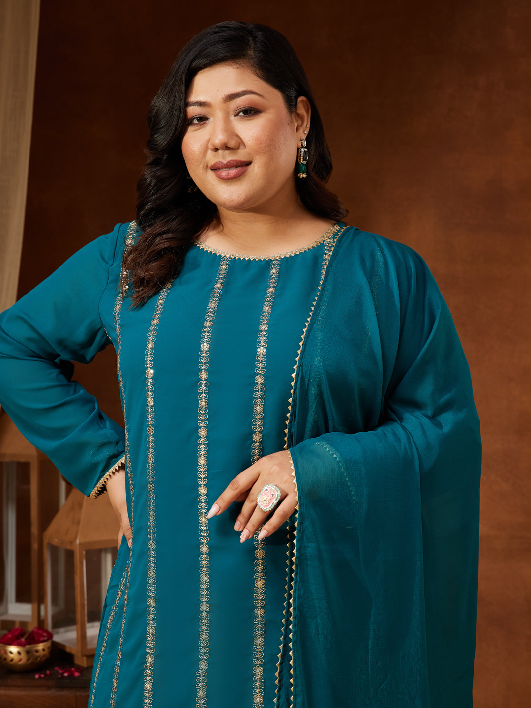 Women's Plus Size Sea Green Georgette Embellished Straight Kurta With Palazzo & Dupatta Set