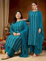Women's Plus Size Sea Green Georgette Embellished Straight Kurta With Palazzo & Dupatta Set