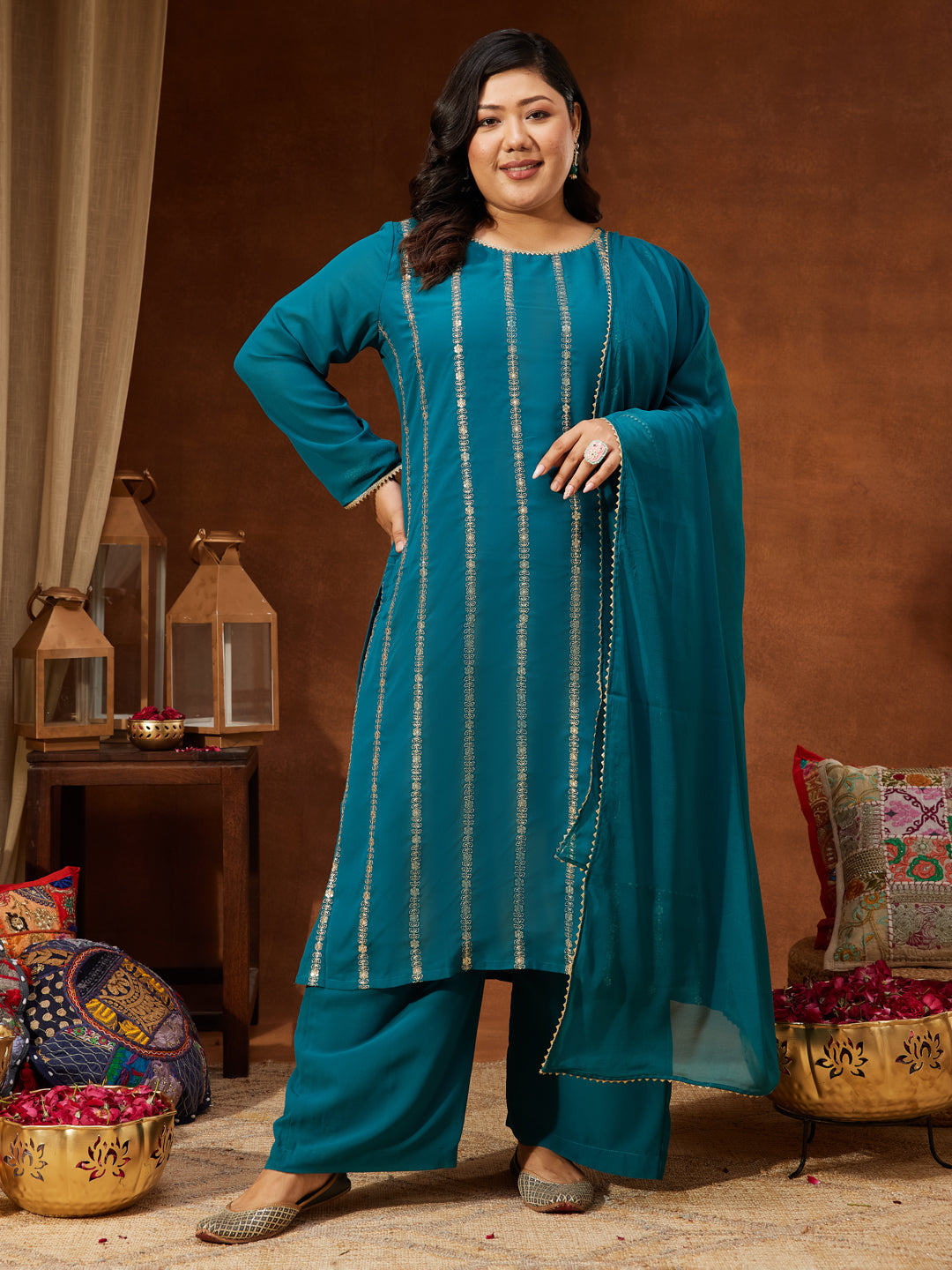 Women's Plus Size Sea Green Georgette Embellished Straight Kurta With Palazzo & Dupatta Set