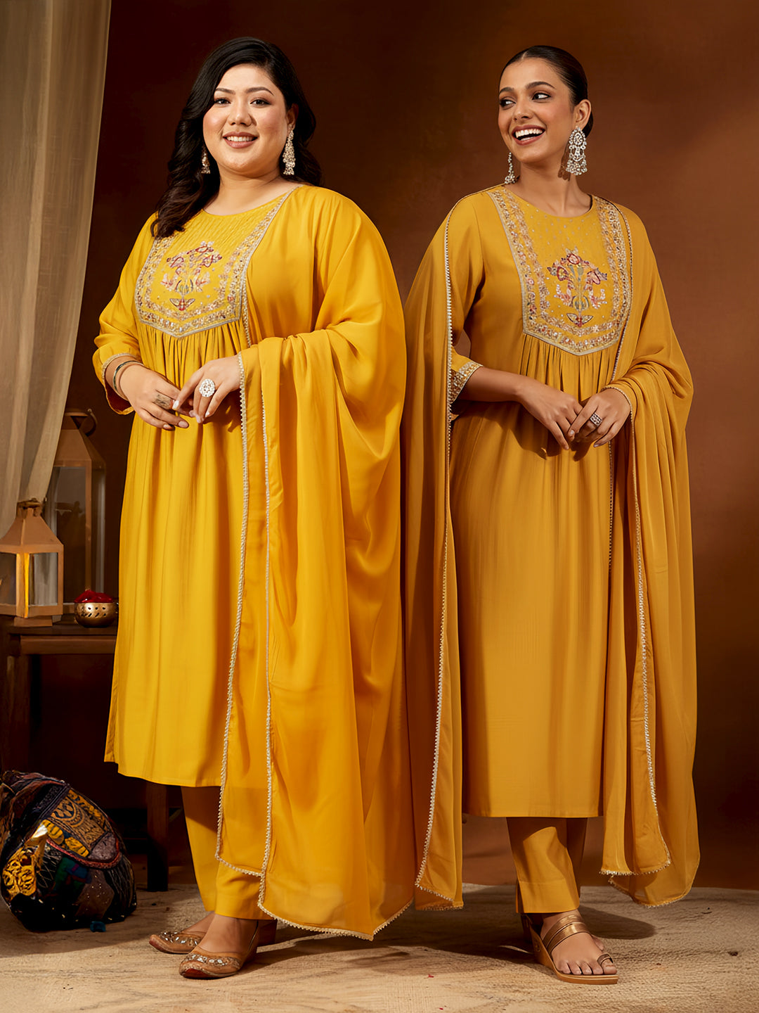 Women's Mustard Silk Blend Embroidered Straight Kurta Set