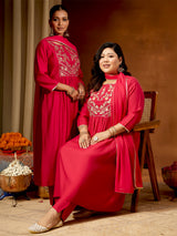 Women's Pink Silk Blend Yoke Embroidered A-line Kurta Set