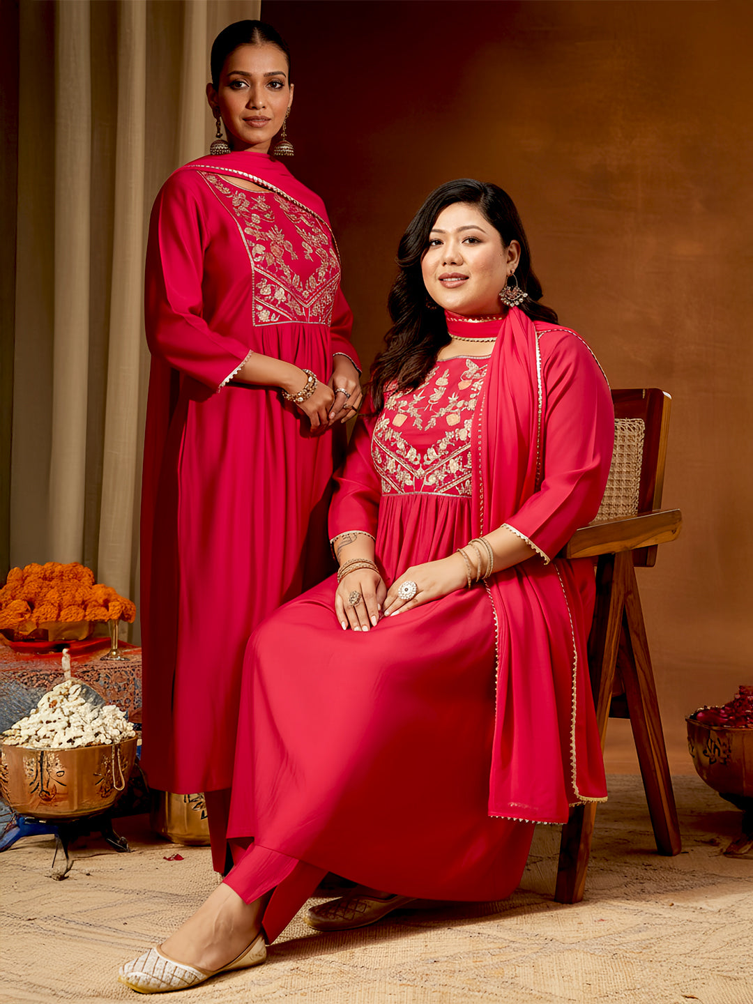 Women's Pink Silk Blend Yoke Embroidered A-line Kurta Set