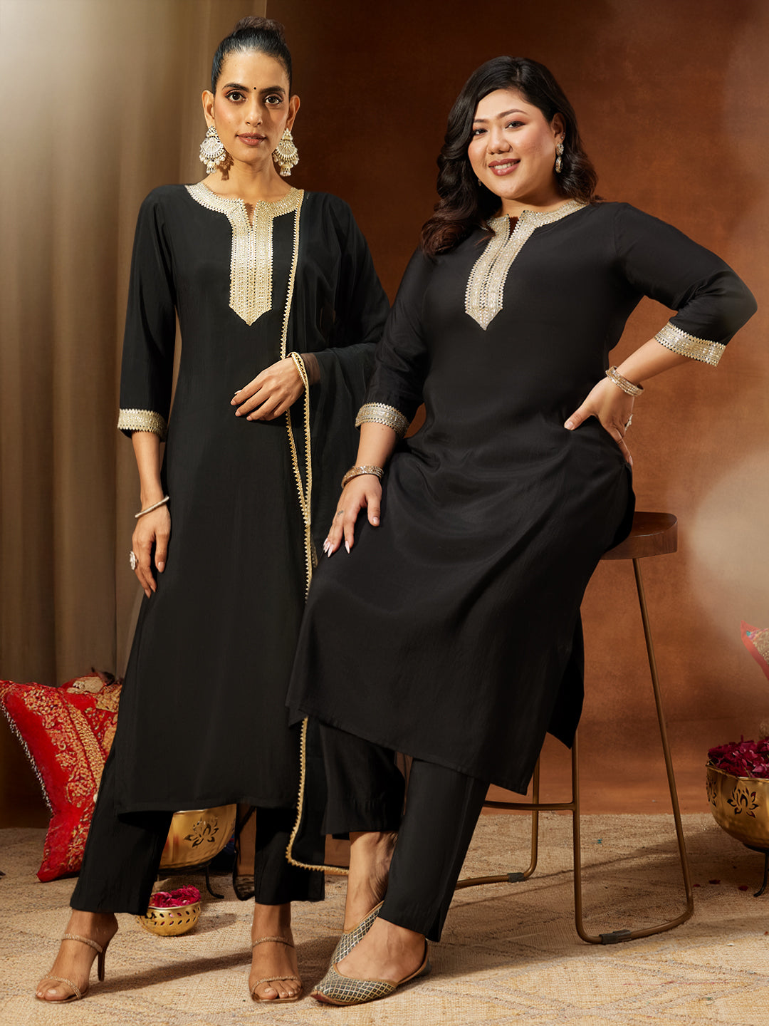 Women's Plus Size Black Chanderi Silk Embellished Yoke Design Straight Kurta Pant Set