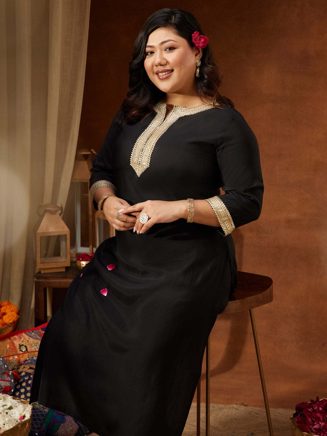 Women's Plus Size Black Chanderi Silk Embellished Yoke Design Straight Kurta Pant Set