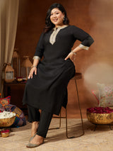 Women's Plus Size Black Chanderi Silk Embellished Yoke Design Straight Kurta Pant Set