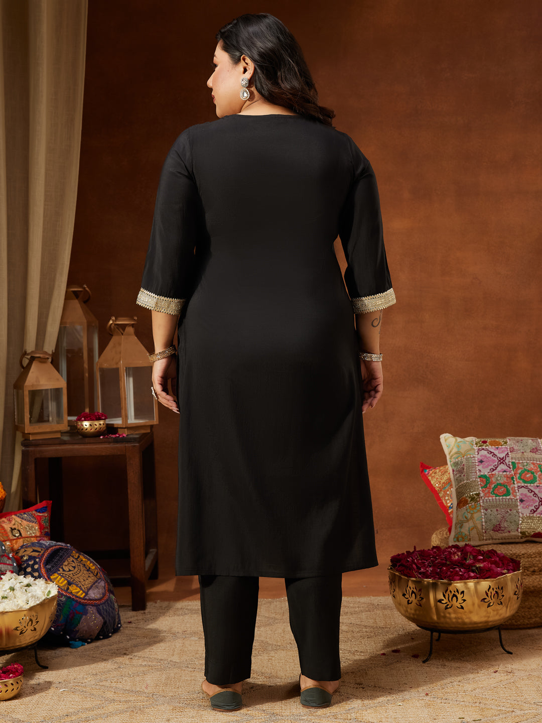 Women's Plus Size Black Chanderi Silk Embellished Yoke Design Straight Kurta Pant Set