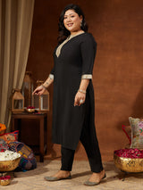 Women's Plus Size Black Chanderi Silk Embellished Yoke Design Straight Kurta Pant Set