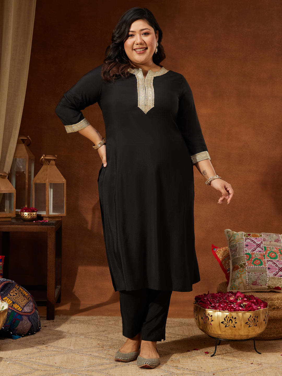 Women's Plus Size Black Chanderi Silk Embellished Yoke Design Straight Kurta Pant Set