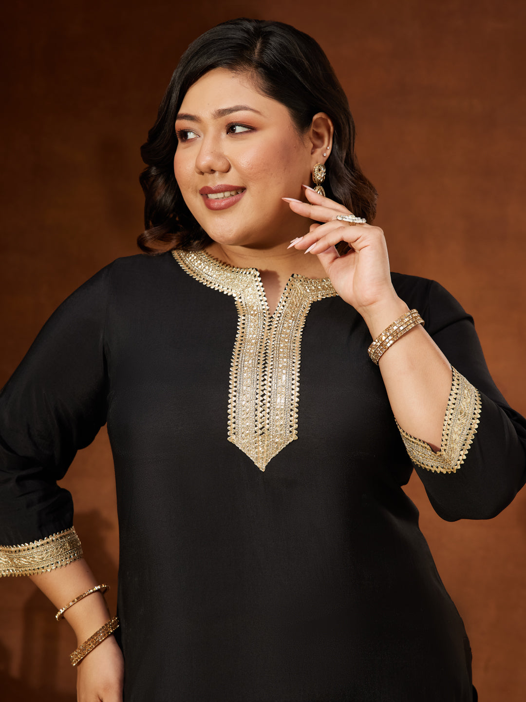 Women's Plus Size Black Chanderi Silk Embellished Yoke Design Straight Kurta Pant Set