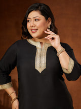 Women's Plus Size Black Chanderi Silk Embellished Yoke Design Straight Kurta Pant Set