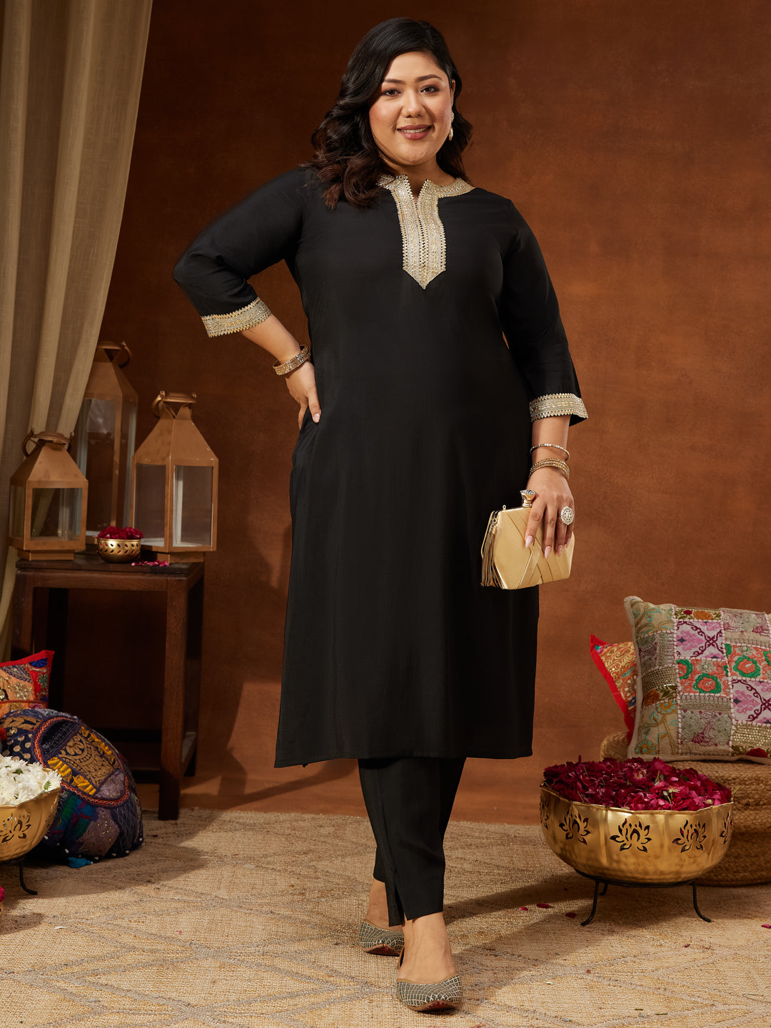 Women's Plus Size Black Chanderi Silk Embellished Yoke Design Straight Kurta Pant Set