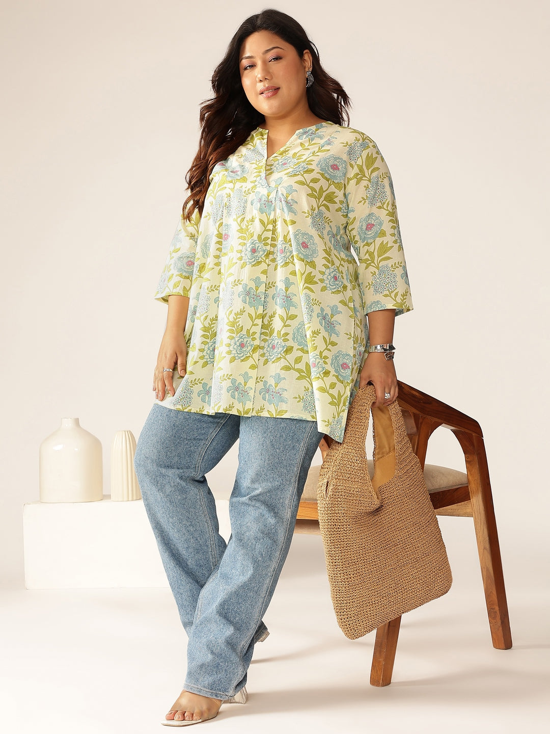 Plus Size Off White Pure Cotton Floral Printed A-line Tunic