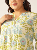 Plus Size Off White Pure Cotton Floral Printed A-line Tunic