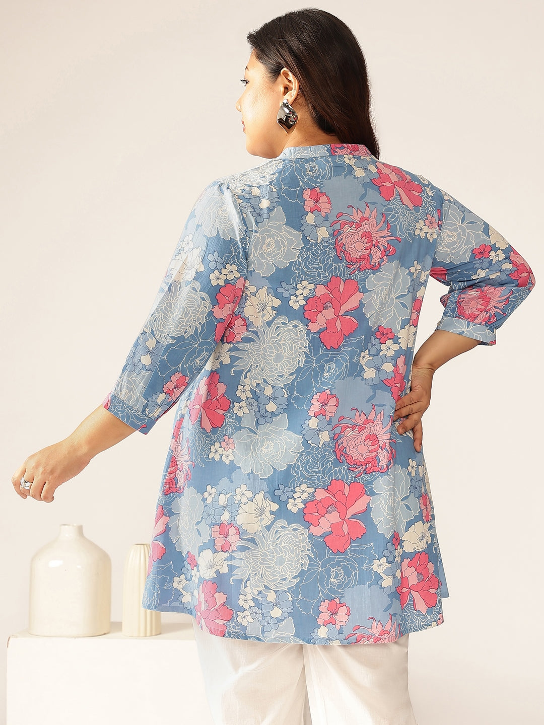 Plus Size Blue Pure Cotton Floral Printed A-line Tunic