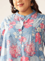 Plus Size Blue Pure Cotton Floral Printed A-line Tunic