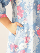 Plus Size Blue Pure Cotton Floral Printed A-line Tunic