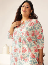 Plus Size Off White Pure Cotton Floral A-line Tunic